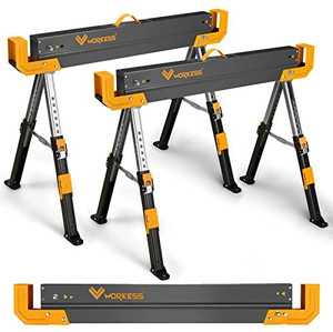 lot 9018 image: WORKESS Sawhorse with adjustable height (24-32 in),1300 LB Capacity Table Stand with Portable Folding Legs and Easy Grip Handle, Heavy Durable Steel Construction- (WK-HPP) 2 Pack