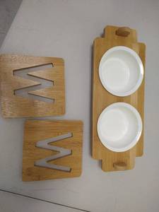 lot 9161 image: Wooden Raised display for serving with wooden pot holders