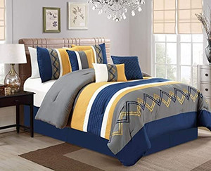 lot 9171 image: Chezmoi Collection Arden 4-Piece Modern Pleated Stripe Embroidered Zigzag Bedding Comforter Set (California King, NavyGrayYellowWhite)