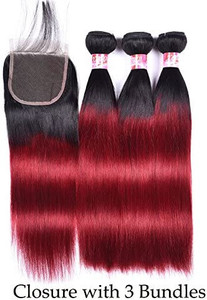 lot 9172 image: Ombre Black to Red Wave Bundles with Straight Hair 3 Bundles, Two Tone T1BBurgundy