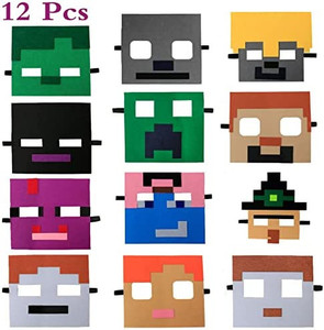 lot 9177 image: Miner Pixel Masks Party Favors Supplies for Kids (12 Packs) Felt and Elastic - Masquerade Birthday Decorations for Children Girls Boys Carnival Game Theme Gift