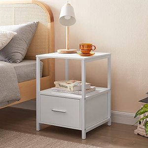 lot 5852 image: VECELO Modern Nightstand with Drawer Square End, Side Table for Bedroom, Living Room, Small Space, Night Stand with Open Shelf, Stable Metal Frame, 1 Pack, White