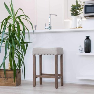 lot 5874 image: Nathan James Hylie Nailhead Wood Pub-Height Counter Bar Stool 24 Beige Fabric Cushion Light Brown Finish