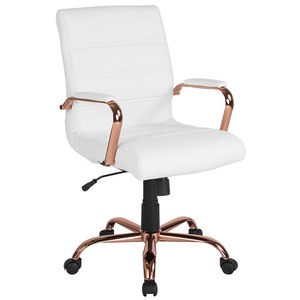 lot 6108 image: Flash Furniture - Mid-Back Executive Swivel Office Chair with Metal Frame and Arms - White LeatherSoftRose Gold Frame