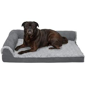 lot 6120 image: Furhaven Pet Bed for Dogs and Cats - Two-Tone Faux Fur and Suede L-Shaped Chaise Cooling Gel Foam Dog Bed, Removable Machine Washable Cover - Stone Gray, Medium