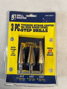 lot 930 image: 3 pc. Titanium Nitride Coated M2 High Speed Steel Step Drills. New Old Stock