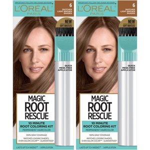 lot 956 image: LOreal Paris Magic Root Rescue 10 Minute Root Hair Coloring Kit, Permanent Hair Color with Quick Precision Applicator, 100 percent Gray Coverage, 6 Light Brown, 2 kits