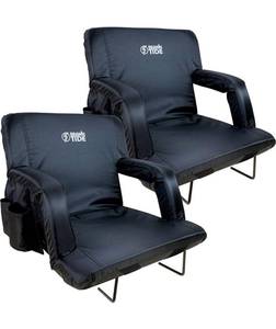 lot 973 image: BRAWNTIDE Stadium Seat with Back Support - 2 Pack, Comfy Cushion, Thick Padding, 2 Steel Bleacher Hooks, 4 Pockets, Reclining Back, Ideal Stadium Chair. Retails $150