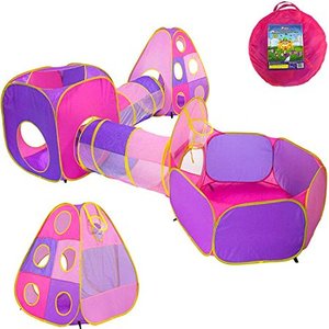 lot 1008 image: Playz 5pc Children s Playhouse Popup Tents Tunnels and Basketball Hoop for Girls Boys Babies Kids and Toddlers with Zipper Storage Case for Indoor & Outdoor Use (Yellow Pink Purple)
