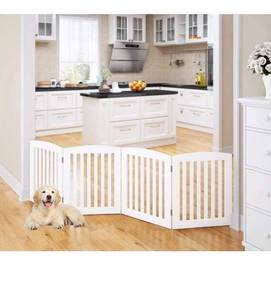 lot 1046 image: PAWLAND Wooden Freestanding Foldable Pet Gate for Dogs, 24 inch 4 Panels Step Over Fence, Dog Gate for The House, Doorway, Stairs, Extra Wide (White, 24 Height-3 Panels)