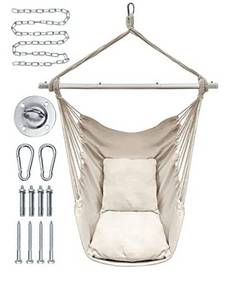 lot 1055 image: FiveJoy Hammock Chair Hanging Rope Swing, Hammock Swing Chair with Premium Carbon Steel Spreader Bar, Max 330 Lbs,
