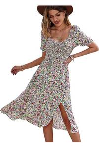 lot 1092 image: MOPOOGOSS Womens Short Puff Sleeve Elastic Square Neck Side Split Print Casual Flowy Summer Midi Dresses. small