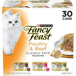 lot 1109 image: (30 Pack) Fancy Feast Grain Free Pate Wet Cat Food Variety Pack Poultry & Beef Collection 3 oz. Cans