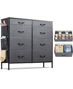 lot 1131 image: WLIVE Dresser for Bedroom with 8 Drawers, Tall Storage Tower with Drawer Organizers, Side Pockets and Hooks, Fabric Dresser, Chest of Drawers. Retails $100