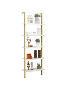 lot 1133 image: SUPERJARE Modern Ladder Shelf, 5-Tier Open Wall-Mounted Bookshelf with Stable Metal Frame, 72 Inches Storage Rack Shelves, Stand Bookcase for Home Office - White  Gold