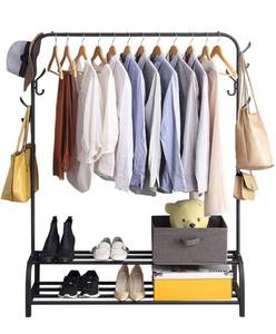 lot 1136 image: Clothing Garment Rack with Shelves, Metal Cloth Hanger Rack Stand Clothes Drying Rack for Hanging Clothes,with Top Rod Organizer Shirt Towel Rack and Lower Storage Shelf for Boxes Shoes Boots, Black