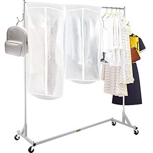lot 1336 image: VEVOR Z Rack, Industrial Grade Z Base Garment Rack, Height Adjustable Rolling Z Garment Rack, Sturdy Steel Z Base Clothing Rack w Lockable Casters, for Home Clothing Store Display w Cover Silver
