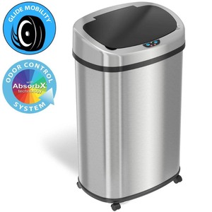lot 2127 image: SensorCan 13 Gal. Stainless Steel Touchless Sensor Trash Can with Odor Control System and Removable Wheels, Silver