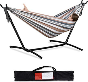 lot 3218 image: PNAEUT Double Hammock with Space Saving Steel Stand Included 2 Person Heavy Duty Outside Garden Yard Outdoor 450lb Capacity 2 People Standing Hammocks and Portable Carrying Bag (Coffee)