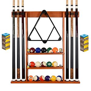 lot 3316 image: BILLIARDS XPRESS Pool Cue Rack - Pool Stick Holder Wall Mount with 16 Ball Holders & 6 Pack of Chalk - Rubber Circle Pads & Large Clips Prevent Damage - Billiard Table Accessories for Man Cave (Oak)