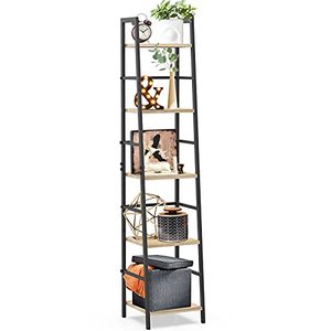 lot 3324 image: SpringSun 5-Tier Ladder Shelf Bookcase, Living Room Rustic Standing Shelf Storage Organizer, Wood and Metal Shelf for Home and Office