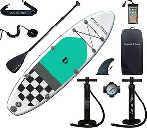 lot 2128 image: Aqua Plus 6inches Thick Inflatable SUP for All Skill Levels Stand Up Paddle Board,Paddle,Double Action Pump,ISUP Travel Backpack, Leash,Shoulder Strap