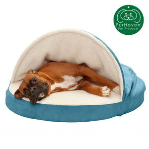 lot 2214 image: FurHaven  Memory Foam Faux Sheepskin Snuggery Burrow Pet Bed for Dogs & Cats Blue 35-Inch