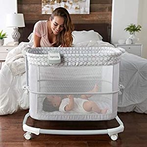lot 2249 image: Ingenuity Dream &amp Grow Bedside Bassinet 2-Mode Crib 0-12 Months, Adjustable Height - Dalton (Grey) - Retail $159.99