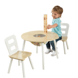 lot 2409 image: KidKraft Wooden Kids Round Storage Table & 2 Chair Set Natural & White