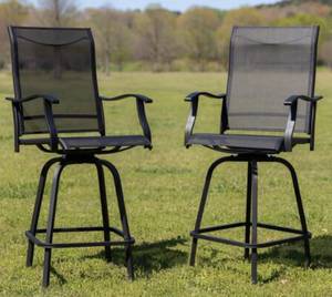 lot 77005 image: Valerie Patio Bar Height Stools Set of 2, All-Weather Textilene Swivel Patio Stools with High Back & Armrests in Black