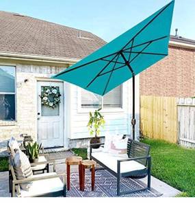 lot 77042 image: Abba Patio 6.5 x 10ft Rectangular Patio Umbrella Outdoor Market Table Umbrella with Push Button Tilt and Crank for Garden, Lawn, Deck, Backyard & Pool, Turquoise