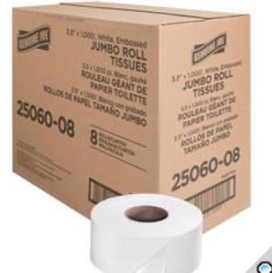 lot 77066 image: Genuine Joe 25060-08 Jumbo Roll 2-Ply Bath Tissues, 3.5 x 1000, Carton of 8 Rolls
