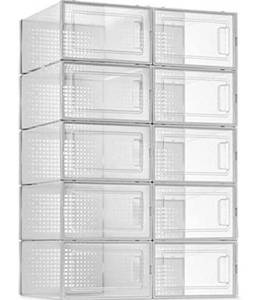lot 77070 image: 10 Pack Shoe Storage Boxes, Clear Plastic Stackable Shoe Organizer Bins, Drawer Type Front Opening Sneaker Shoe Holder Containers