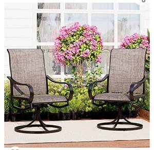 lot 20 image: MFSTUDIO 2 Pieces Patio Sling Dining Swivel Chairs with Steel Metal Frame,Bistro Backyard Rocker Chairs Weather Resistant Garden Outdoor Furniture, Ash-ish Brown Fabric and Black FrameBRAND NEW IN BOXRETAIL $350