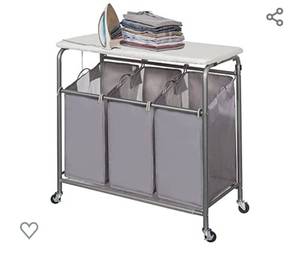 lot 69 image: STORAGE MANIAC 3-Section Laundry Sorter with Foldable Ironing Board, Heavy-Duty Rolling Laundry Cart with and Removable Bags, Triple Laundry Hamper with Wheels, Laundry Sorter with Top Shelf, Grey