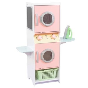 lot 90 image: KidKraft Laundry Playset Wooden Stacking Washer and Dryer with Iron and Basket Pastel