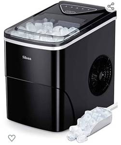 lot 91 image: Silonn Ice Makers Countertop, 9 Cubes Ready in 6 Mins, 26lbs in 24Hrs, Self-Cleaning Ice Machine with Ice Scoop and Basket, 2 Sizes of Bullet Ice for Home Kitchen Office Bar Party