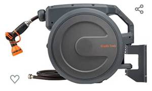 lot 325 image: Giraffe Tools Retractable Hose Reel 58 inch x 90 ft PRO Metal Bracket Wall Mounted Garden Hose Reel Heavy Duty with Automatic Rewind, 180 Deg Swivel, Any Length Lock