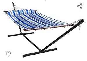 lot 334 image: Cool Area 2 Person Hammock with Stand Spreader Bars and Detachable Pillow Heavy Duty 475lbs Capacity for Outside Outdoor Indoor Backyard Patio Garden