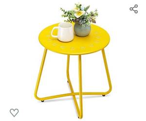 lot 125 image: danpinera Outdoor Side Tables, Weather Resistant Steel Patio Side Table, Small Round Outdoor End Table Metal Side Table with Flower Cut Outs for Patio Yard Balcony Garden Yellow