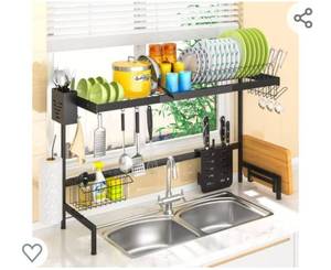 lot 126 image: Dish Drying Rack Over The Sink Adjustable (25.6-33.5), 2 Tier Stainless Steel Dish Rack Drainer, Large Dish Rack Over Sink for Kitchen Counter Organizer Storage Space Saver with 10 Utility Hooks
