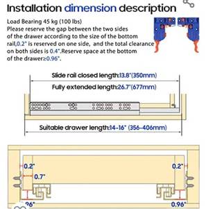 lot 166 image: Bottom Mounted Full Extension 10 12 14 16 18 20 22 24 Inch Ball Bearing Runners Rails 77 Lb Load 1 Pair (14 Inch)