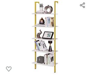 lot 201 image: PRAISUN Ladder Shelf, 5 Tier Industrial Bookshelf for Bedroom, Open Wall Mount Bookshelf, Display Storage Rack Organizer, White and Gold Shelves