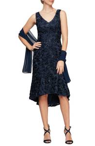 lot 222 image: Womens Alex Evenings V-Neck Soutache Dress With Shawl, Size 4 - Blue