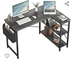 lot 286 image: Small L Shaped Computer Desk, Homieasy 47 Inch L-Shaped Corner Desk with Reversible Storage Shelves for Home Office Workstation, Modern Simple Style Writing Desk Table with Storage Bag(Black Oak)