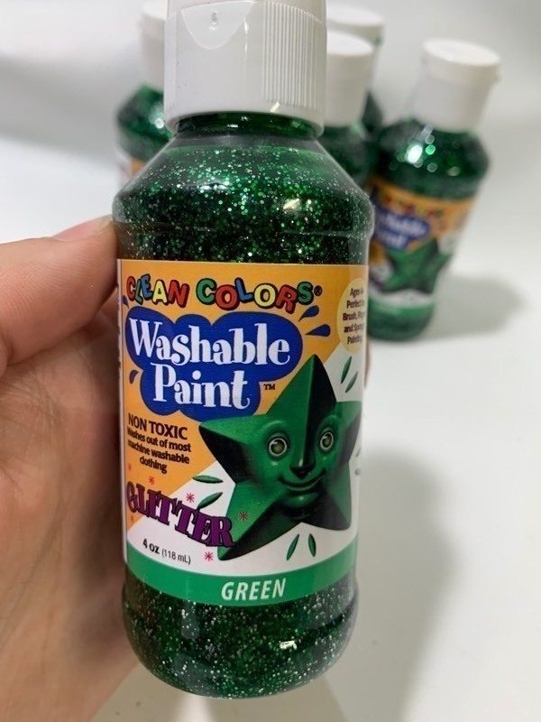 lot 322 image: 6- 4oz Bottles of Clean Color Washable Non-Toxic Green Glitter Paint