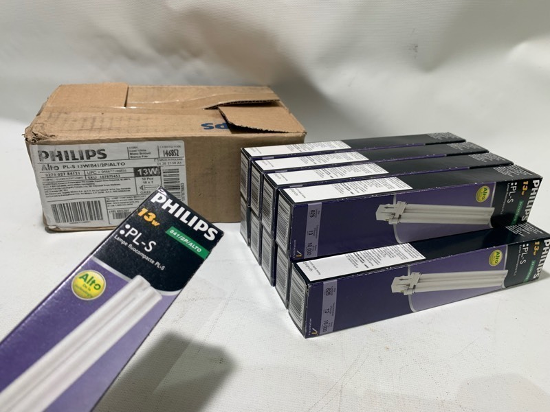 lot 191 image: New Box of 10 Philips Alto PL-S 13W Cool White Light Bulbs