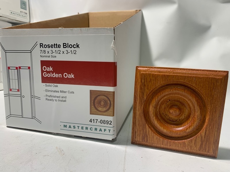lot 148 image: 12 New Mastercraft Rosette Blocks 78x3-12x3-12 Solid Golden Oak