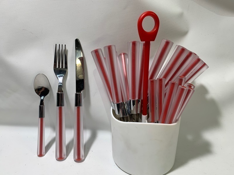 lot 248 image: Red Outdoor Silverware Set w Organizer