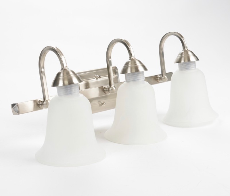 lot 72 image: New Feit Electric LED 3-Light LED Brushed Nickel Vanity With Alabaster Glass Bulb 3000K